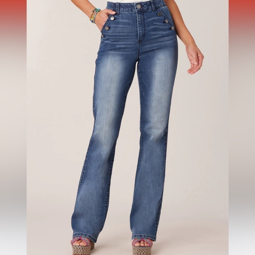 Democracy “Ab-Solution” Skyrise Flare trouser style blue jean dark wash - Picture 2 of 16